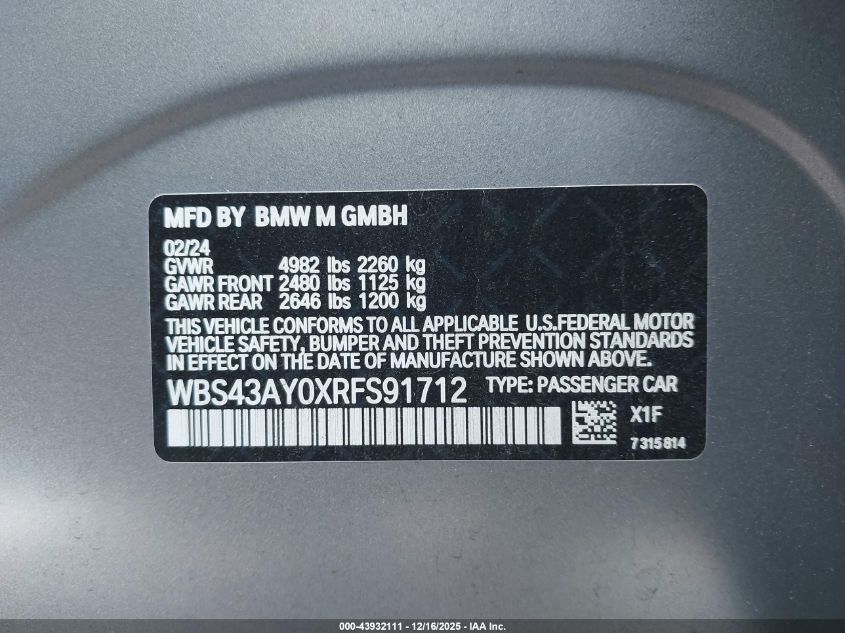 2024 BMW M3 Competition xDrive VIN: WBS43AY0XRFS91712 Lot: 43932111