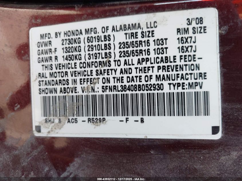 2008 Honda Odyssey Ex VIN: 5FNRL38408B052930 Lot: 43932112