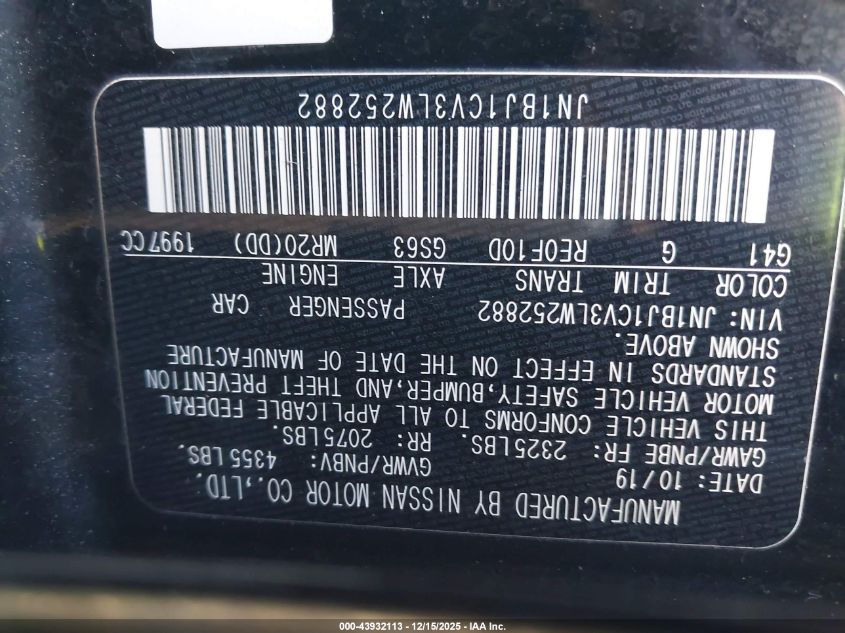 2020 Nissan Rogue Sport S Fwd Xtronic Cvt VIN: JN1BJ1CV3LW252882 Lot: 43932113