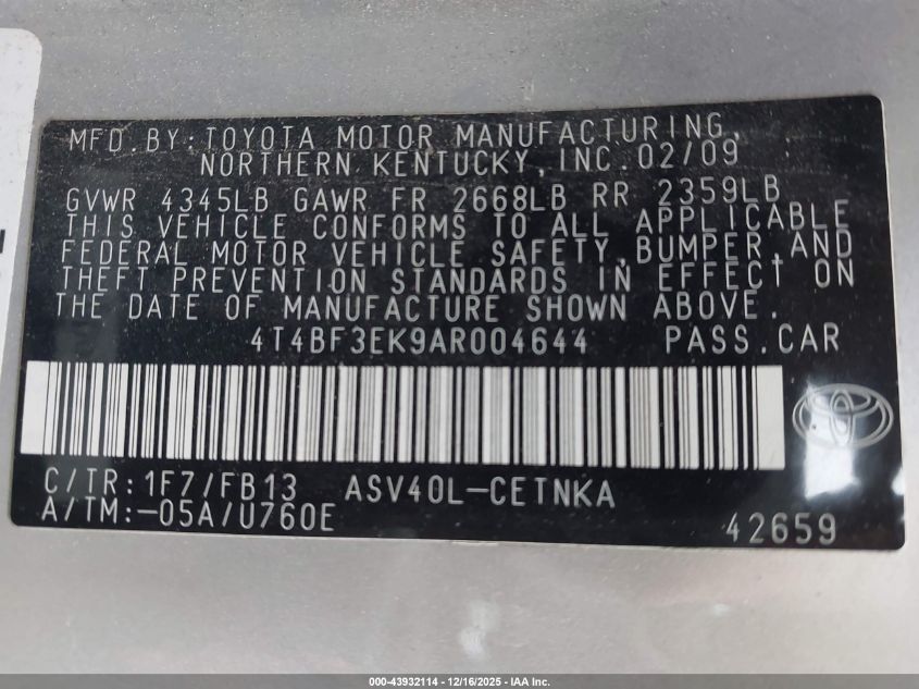 2010 Toyota Camry Le VIN: 4T4BF3EK9AR004644 Lot: 43932114