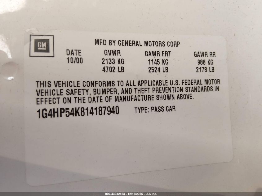 2001 Buick Lesabre Custom VIN: 1G4HP54K814187940 Lot: 43932123