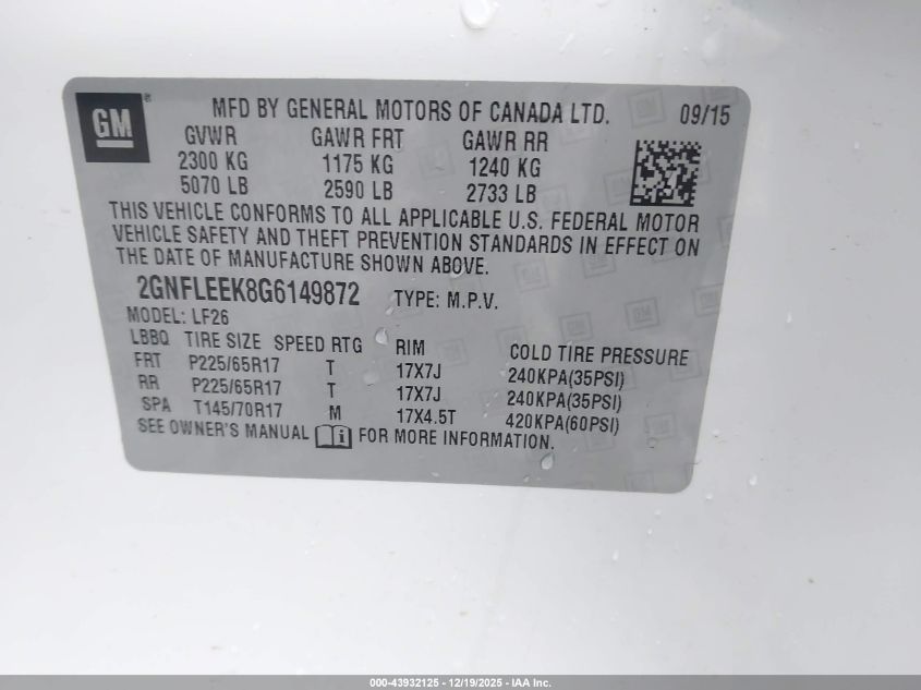 2016 Chevrolet Equinox Ls VIN: 2GNFLEEK8G6149872 Lot: 43932125