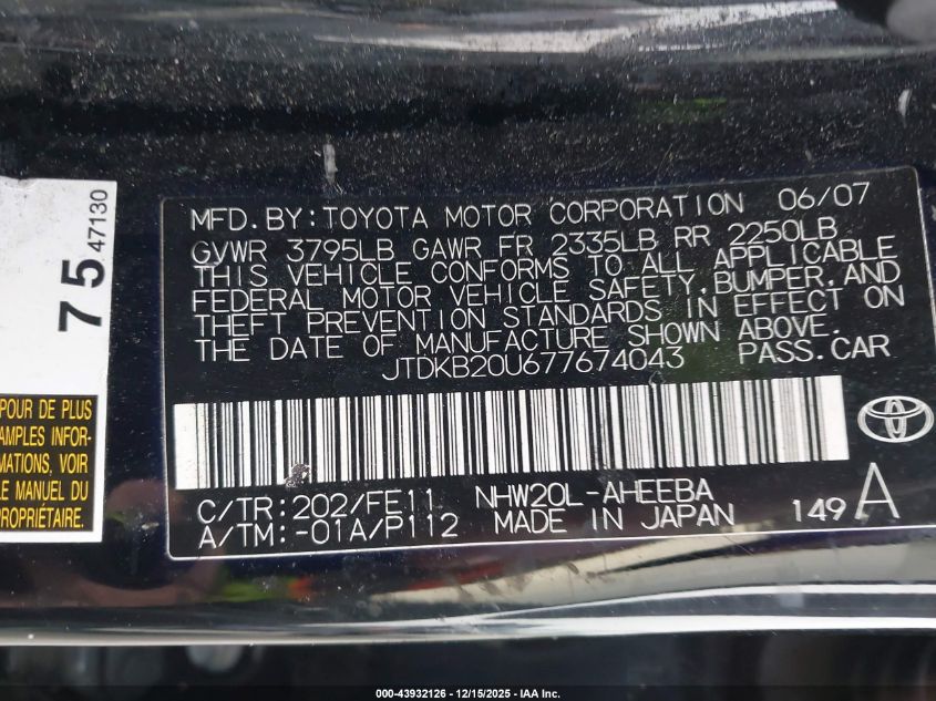 2007 Toyota Prius VIN: JTDKB20U677674043 Lot: 43932126