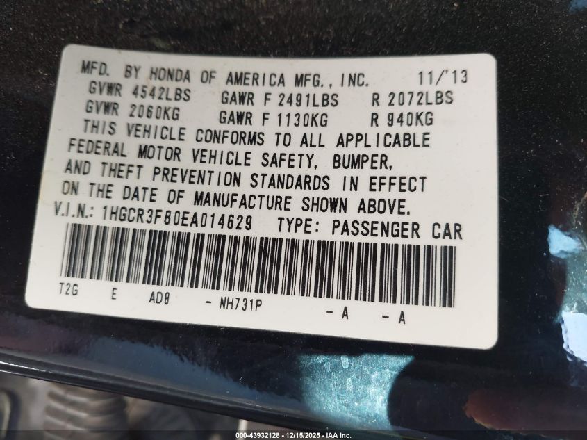 2014 Honda Accord Ex-L V-6 VIN: 1HGCR3F80EA014629 Lot: 43932128