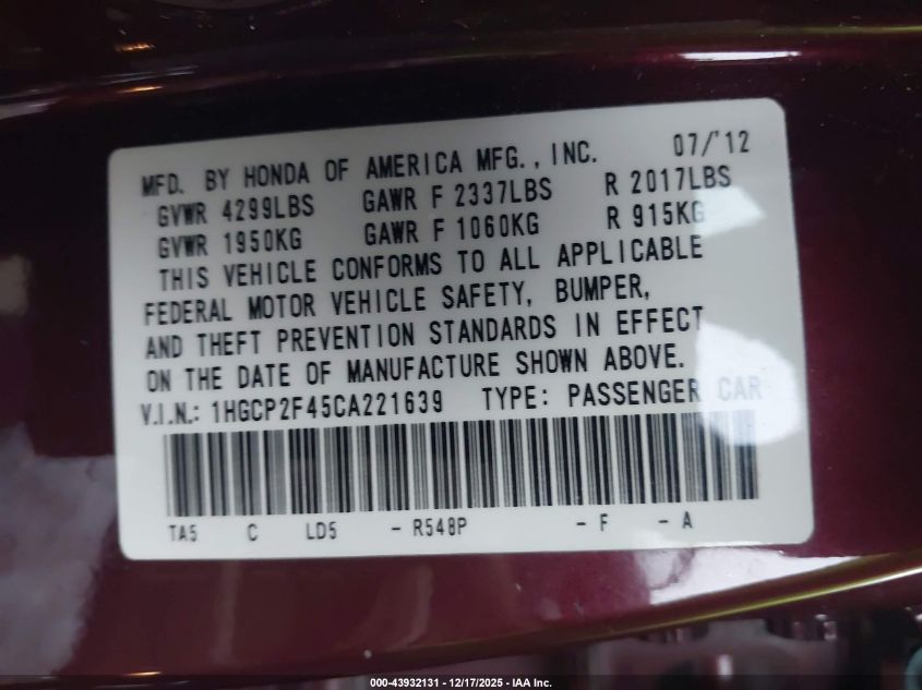 2012 Honda Accord 2.4 Lx-P VIN: 1HGCP2F45CA221639 Lot: 43932131
