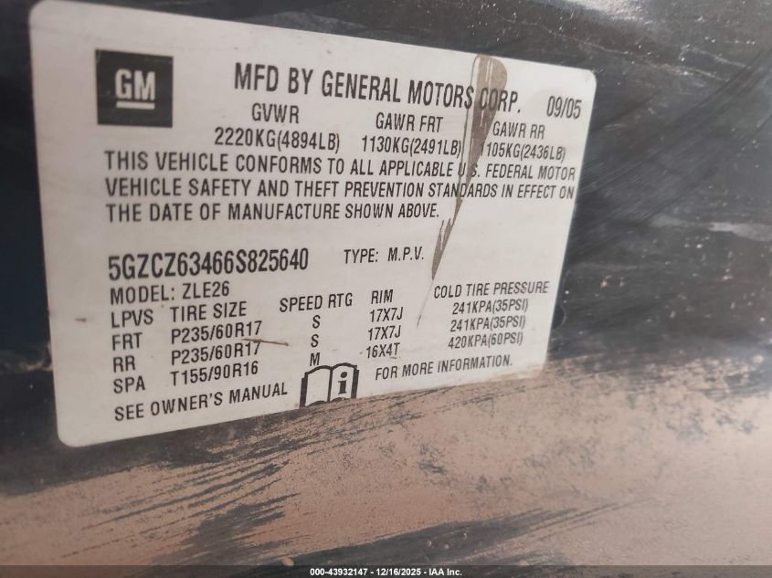 2006 Saturn Vue V6 VIN: 5GZCZ63466S825640 Lot: 43932147