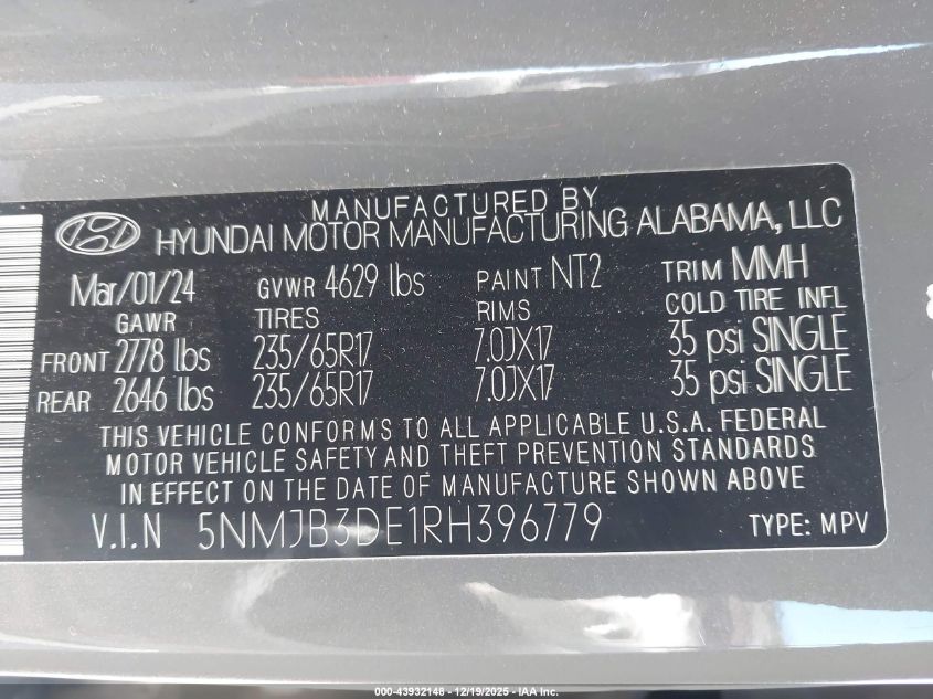 2024 Hyundai Tucson Sel VIN: 5NMJB3DE1RH396779 Lot: 43932148