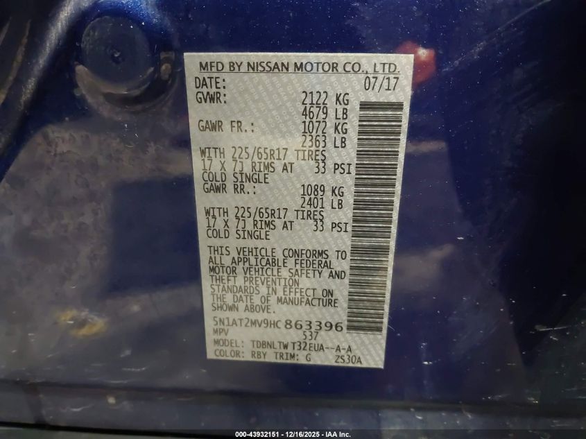 2017 Nissan Rogue Sv VIN: 5N1AT2MV9HC863396 Lot: 43932151