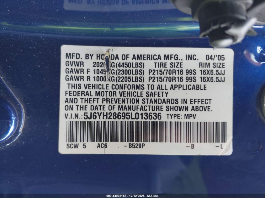 2005 Honda Element Ex VIN: 5J6YH28695L013636 Lot: 43932158