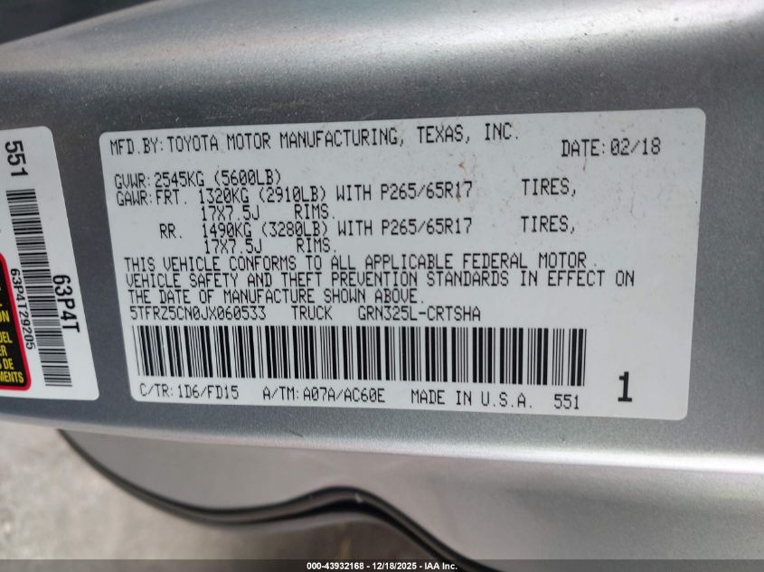 2018 Toyota Tacoma Trd Sport VIN: 5TFRZ5CN0JX060533 Lot: 43932168