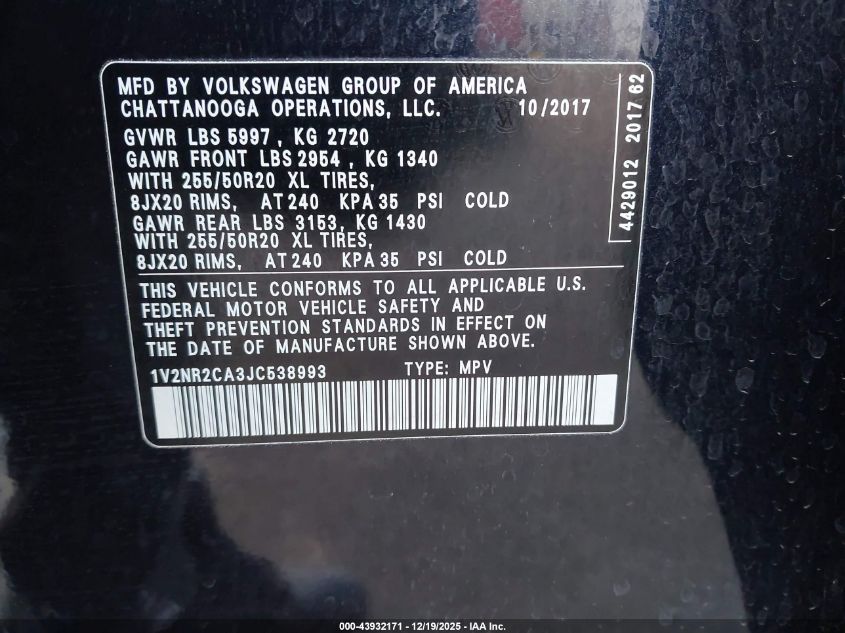2018 Volkswagen Atlas 3.6L V6 Sel Premium VIN: 1V2NR2CA3JC538993 Lot: 43932171
