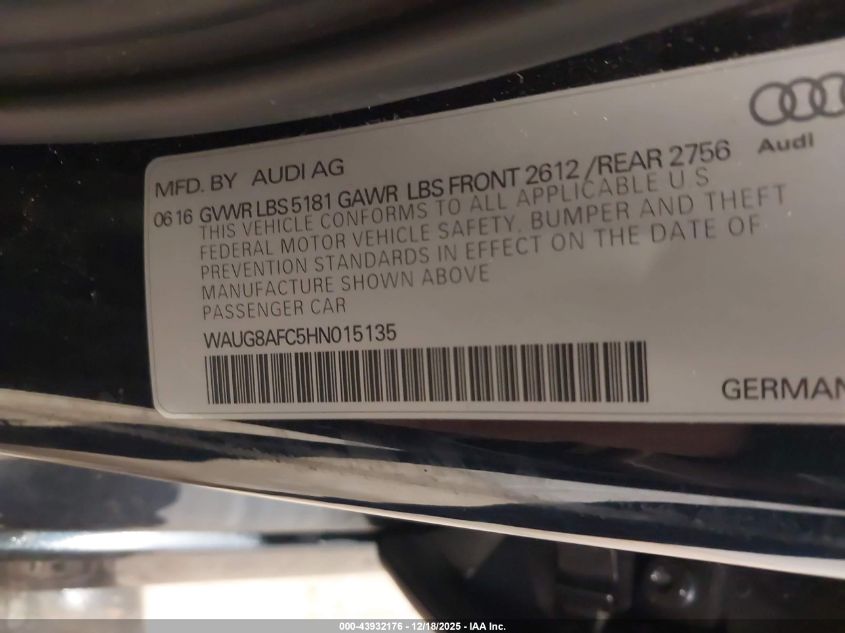 2017 Audi A6 2.0T Premium VIN: WAUG8AFC5HN015135 Lot: 43932176