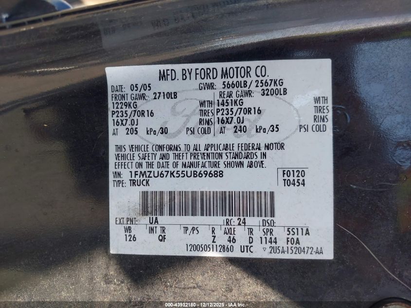 2005 Ford Explorer Sport Trac Adrenalin/Xls/Xlt VIN: 1FMZU67K55UB69688 Lot: 43932180