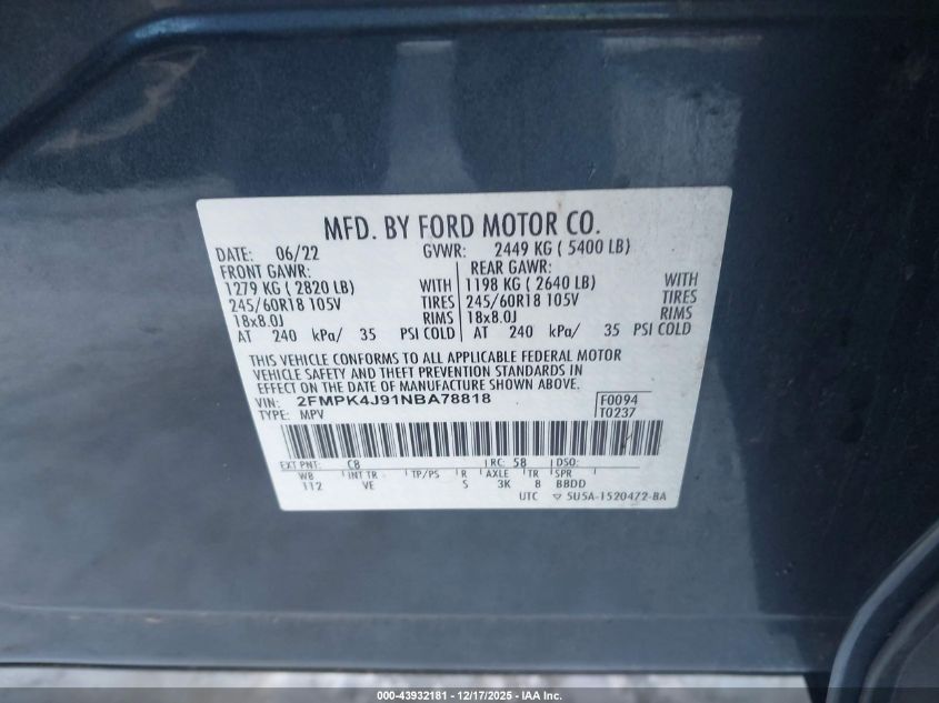 2022 Ford Edge Sel VIN: 2FMPK4J91NBA78818 Lot: 43932181