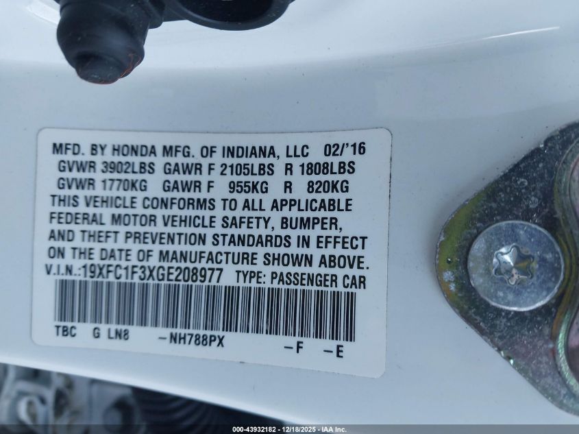 2016 Honda Civic Ex-T VIN: 19XFC1F3XGE208977 Lot: 43932182