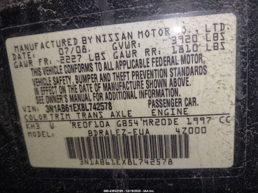 2008 Nissan Sentra 2.0S VIN: 3N1AB61EX8L742578 Lot: 43932189