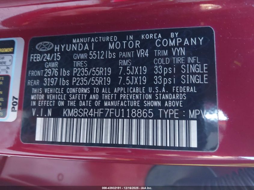 2015 Hyundai Santa Fe Limited VIN: KM8SR4HF7FU118865 Lot: 43932191