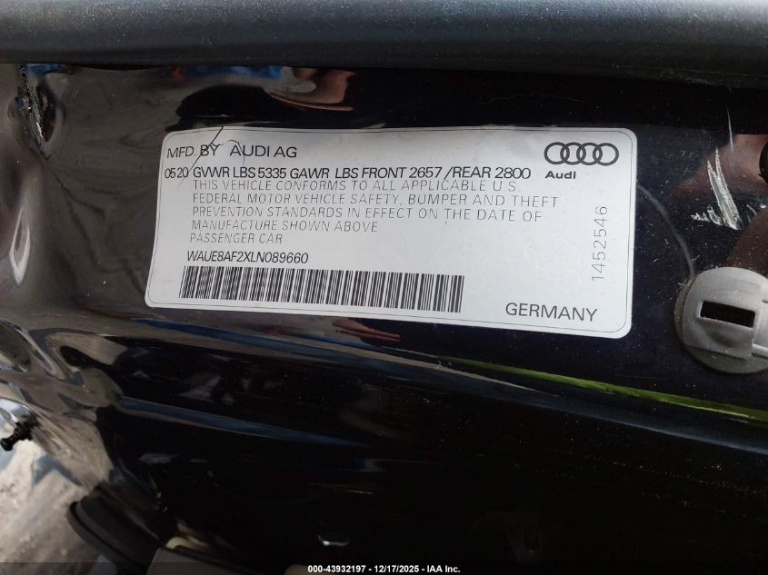 2020 Audi A6 Premium Plus 45 Tfsi Quattro S Tronic VIN: WAUE8AF2XLN089660 Lot: 43932197