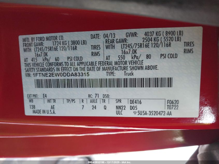 2013 Ford E-250 Commercial VIN: 1FTNE2EW0DDA83315 Lot: 43932198