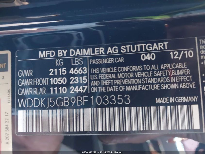 2011 Mercedes-Benz E 350 VIN: WDDKJ5GB9BF103353 Lot: 43932201