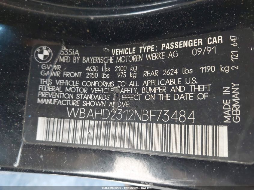 1992 BMW 535 I Automatic VIN: WBAHD2312NBF73484 Lot: 43932206