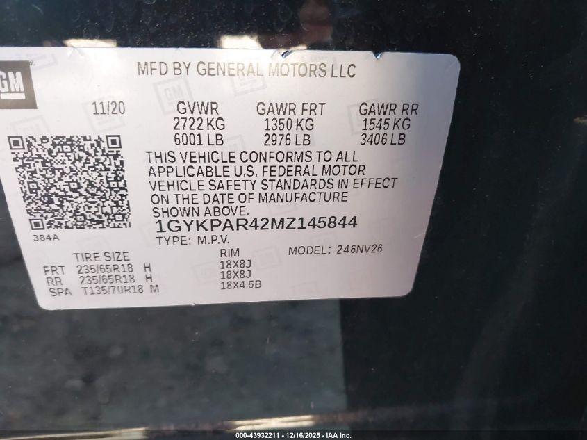 2021 Cadillac Xt6 Fwd Luxury VIN: 1GYKPAR42MZ145844 Lot: 43932211