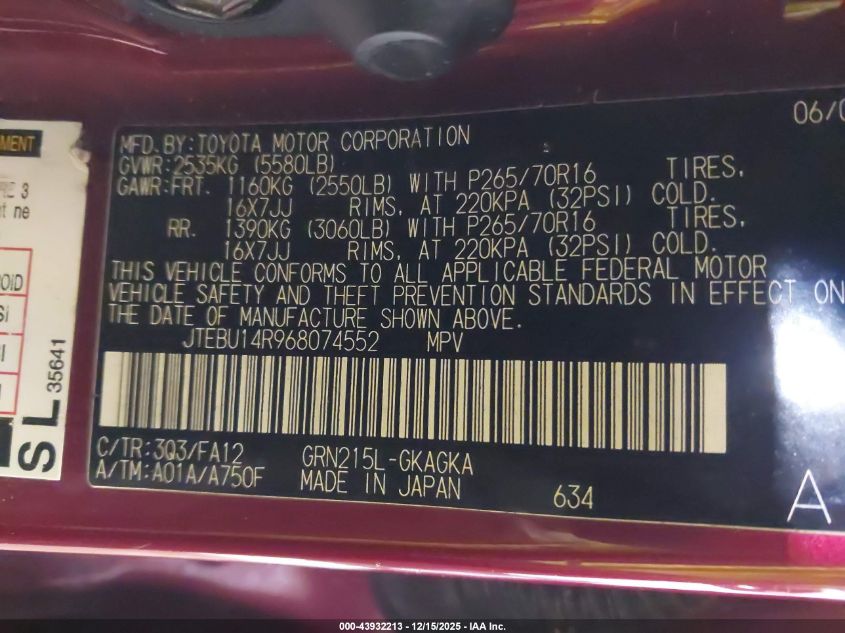 2006 Toyota 4Runner Sr5 V6 VIN: JTEBU14R968074552 Lot: 43932213