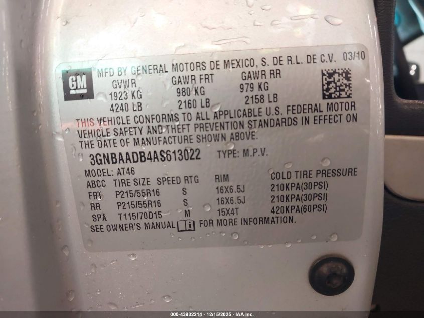 2010 Chevrolet Hhr Ls VIN: 3GNBAADB4AS613022 Lot: 43932214