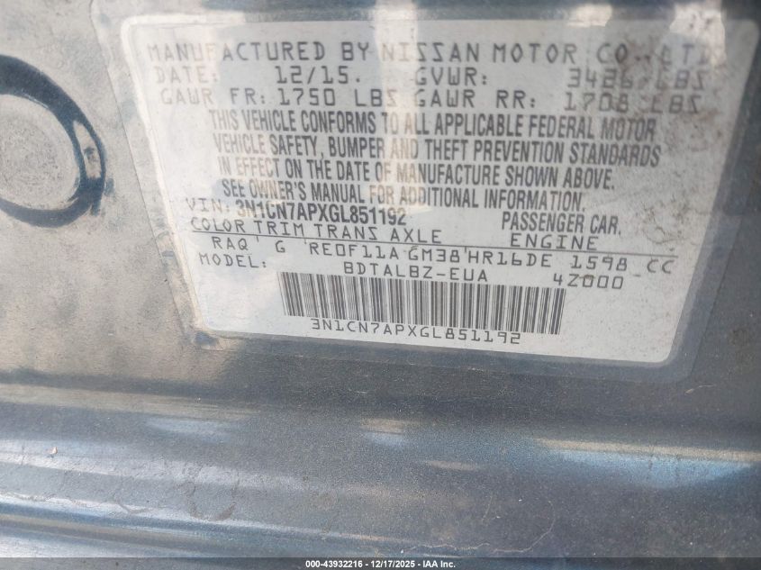 2016 Nissan Versa 1.6 S/1.6 S+/1.6 Sl/1.6 Sv VIN: 3N1CN7APXGL851192 Lot: 43932216