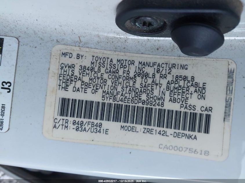 2013 Toyota Corolla Le VIN: 5YFBU4EE6DP099248 Lot: 43932217