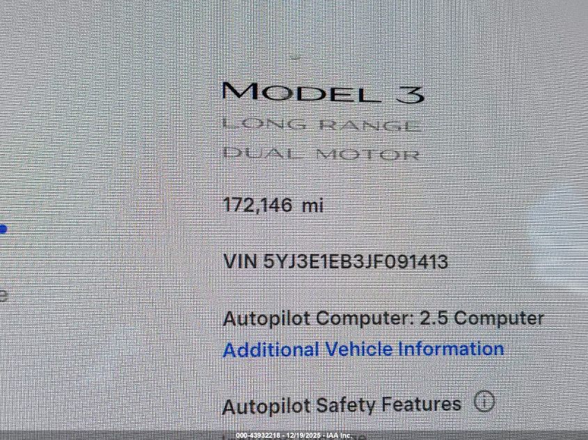 2018 Tesla Model 3 Long Range/Performance VIN: 5YJ3E1EB3JF091413 Lot: 43932218