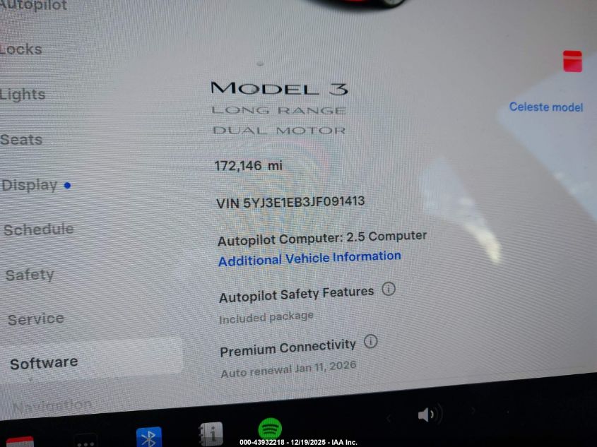 2018 Tesla Model 3 Long Range/Performance VIN: 5YJ3E1EB3JF091413 Lot: 43932218
