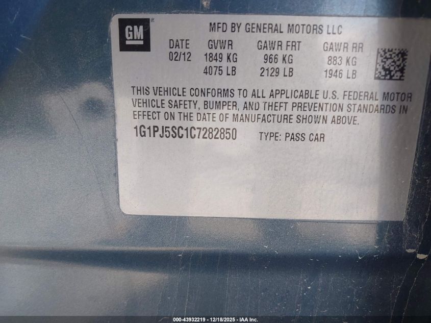 2012 Chevrolet Cruze Eco VIN: 1G1PJ5SC1C7282850 Lot: 43932219