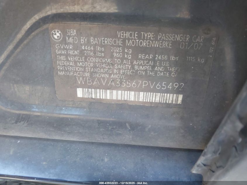 2007 BMW 328I VIN: WBAVA33567PV65492 Lot: 43932223