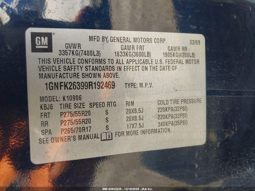 2009 Chevrolet Suburban 1500 Lt2 VIN: 1GNFK26399R192469 Lot: 43932225