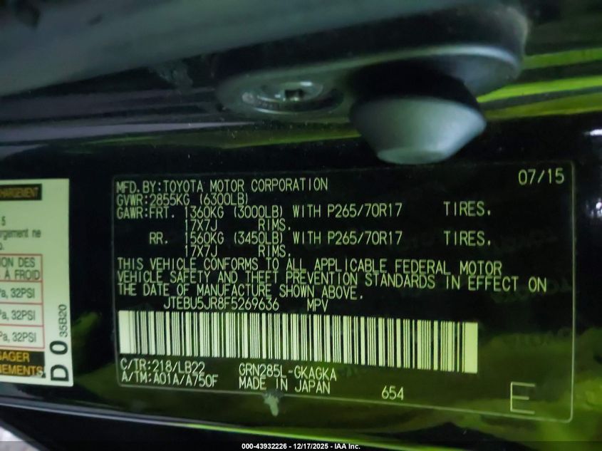 2015 Toyota 4Runner Sr5 Premium VIN: JTEBU5JR8F5269636 Lot: 43932226