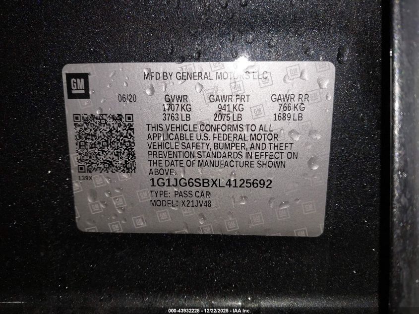 2020 Chevrolet Sonic Fwd 1Fl 5-Door VIN: 1G1JG6SBXL4125692 Lot: 43932228