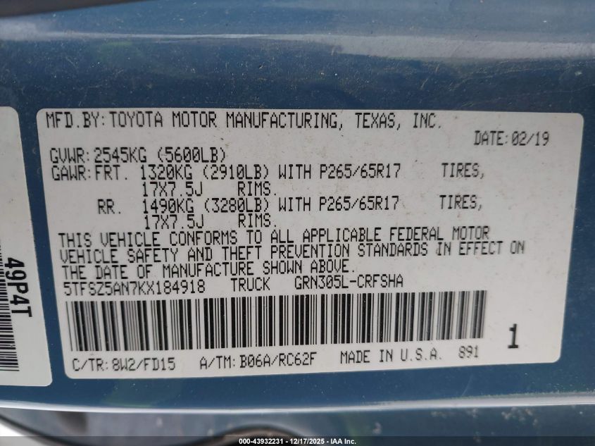 2019 Toyota Tacoma Trd Sport VIN: 5TFSZ5AN7KX184918 Lot: 43932231