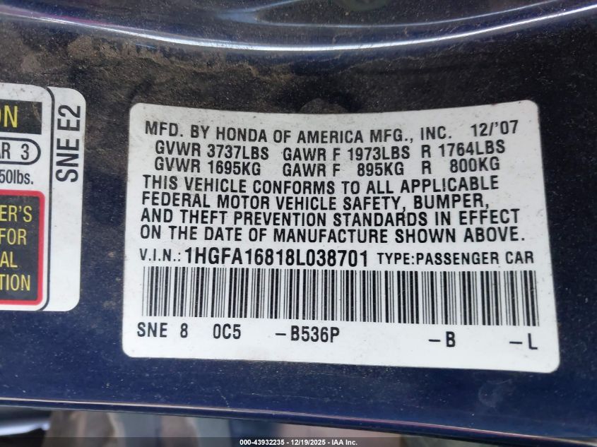 2008 Honda Civic Ex VIN: 1HGFA16818L038701 Lot: 43932235