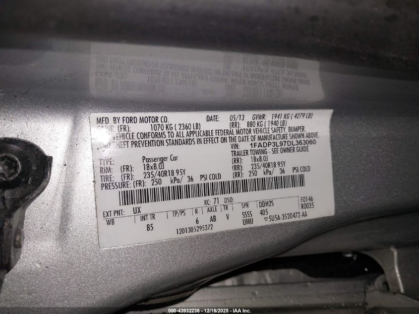 2013 Ford Focus St VIN: 1FADP3L97DL363060 Lot: 43932236