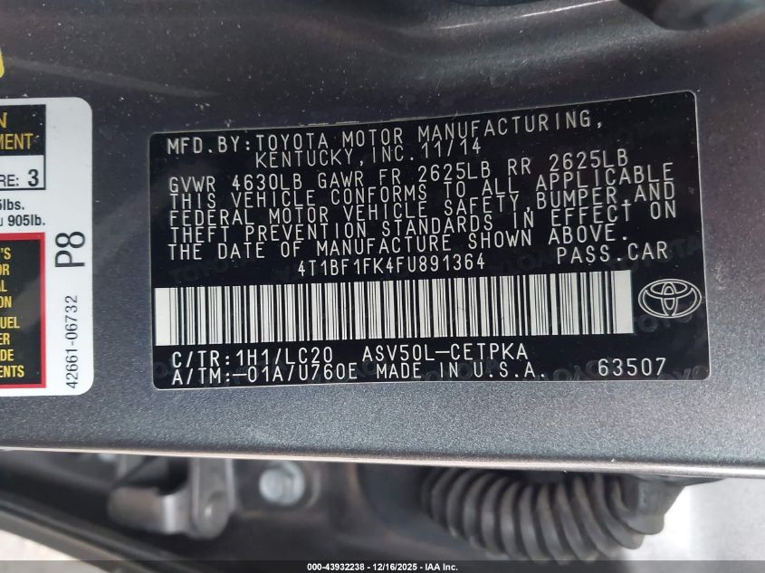 2015 Toyota Camry Xse VIN: 4T1BF1FK4FU891364 Lot: 43932238