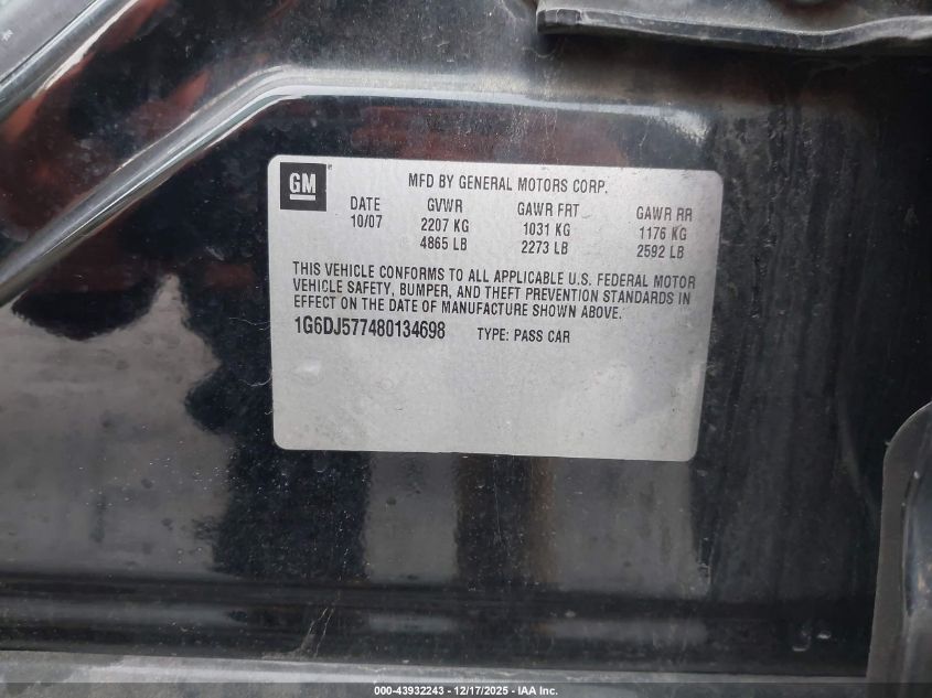 2008 Cadillac Cts Standard VIN: 1G6DJ577480134698 Lot: 43932243