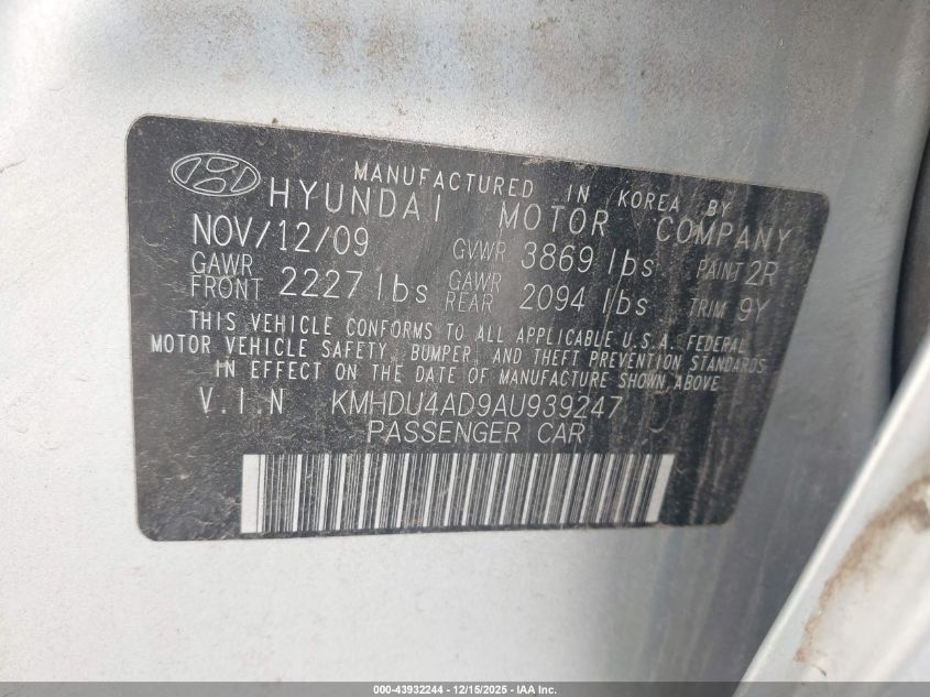 2010 Hyundai Elantra Gls VIN: KMHDU4AD9AU939247 Lot: 43932244