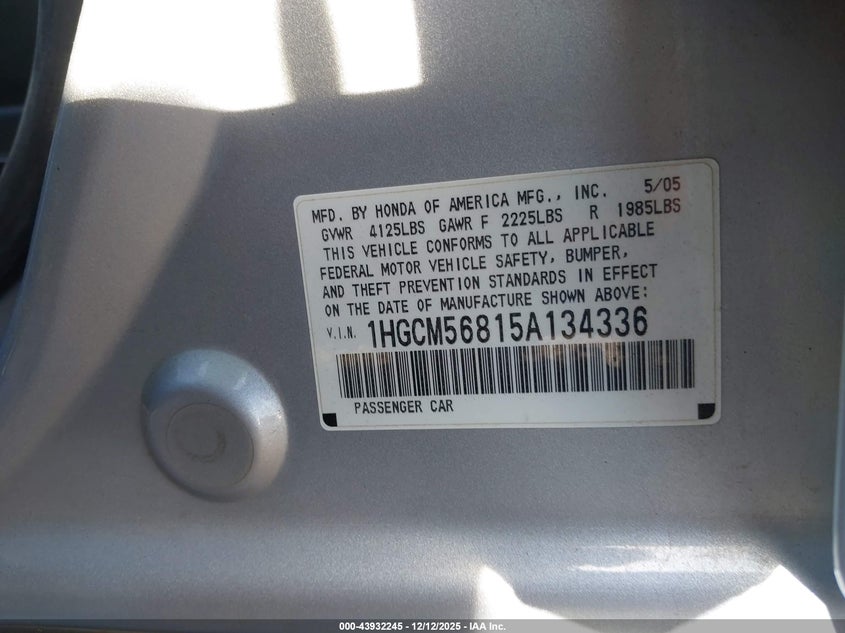 1HGCM56815A134336 2005 HONDA ACCORD photo no. 9