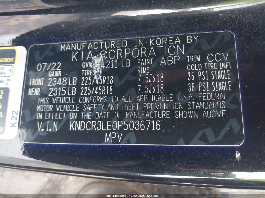 2023 Kia Niro Ex Touring VIN: KNDCR3LE0P5036716 Lot: 43932246