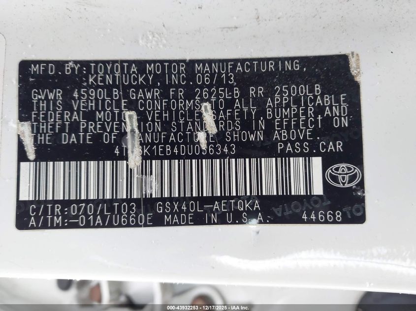 2013 Toyota Avalon Xle Touring VIN: 4T1BK1EB4DU056343 Lot: 43932253