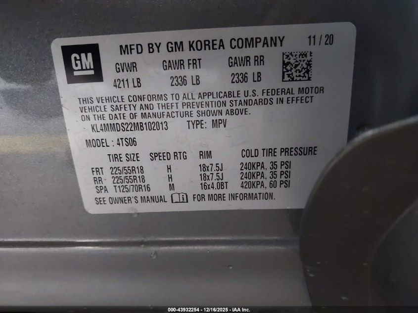 2021 Buick Encore Gx Fwd Select VIN: KL4MMDS22MB102013 Lot: 43932254