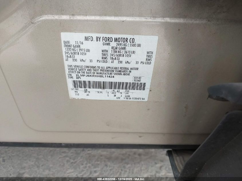 2017 Lincoln Mkx Select VIN: 2LMPJ6KRXHBL11424 Lot: 43932256