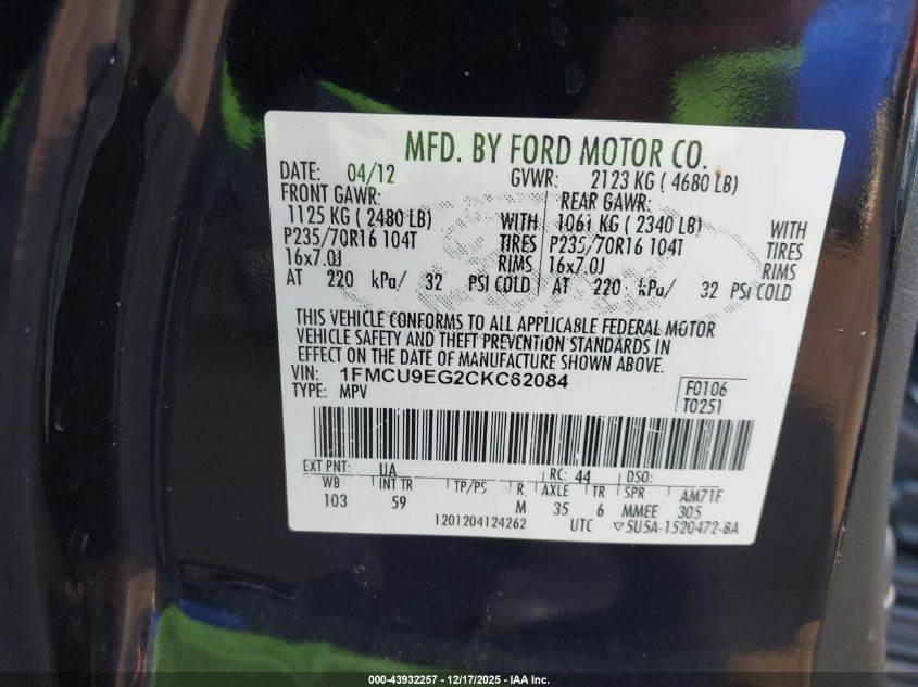 2012 Ford Escape Limited VIN: 1FMCU9EG2CKC62084 Lot: 43932257