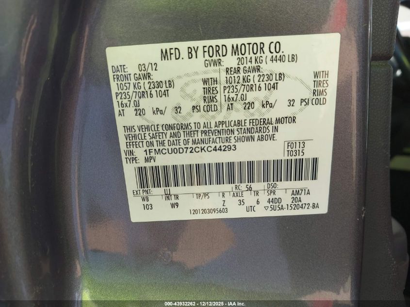 2012 Ford Escape Xlt VIN: 1FMCU0D72CKC44293 Lot: 43932262